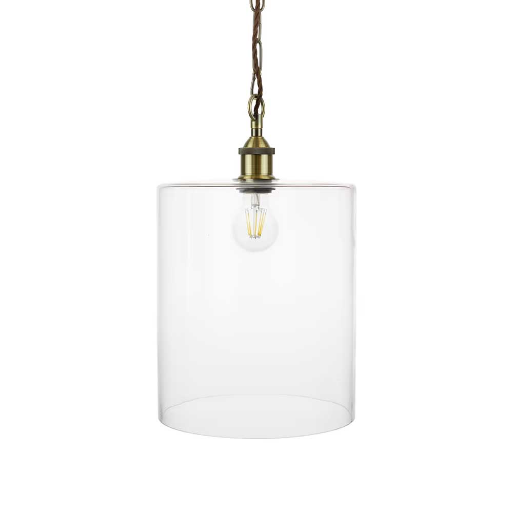 Lowell Grand Clear Large Glass Cylinder Pendant Light - Antique Brass - SE Home