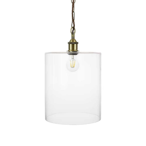Lowell Grand Clear Large Glass Cylinder Pendant Light - Antique Brass - SE Home