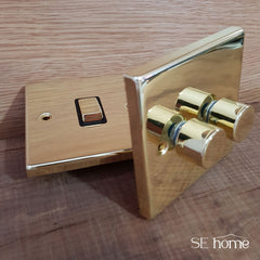 Polished Brass - Black Inserts Polished Brass 2 Gang 13A DP Ingot 2 USB Twin Double Switched Plug Socket - Black Trim
