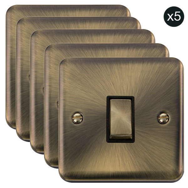 5 PACK - Curved Antique Brass 10AX Ingot 1 Gang 2 Way Light Switch - Black Trim - SE Home