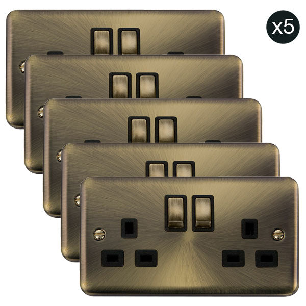 5 PACK - Curved Antique Brass 13A Ingot 2 Gang DP Switched Plug Socket - Black Trim - SE Home