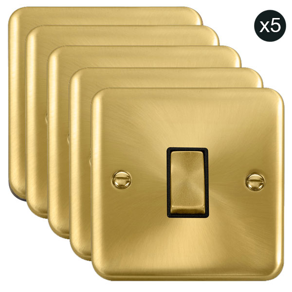 5 PACK - Curved Satin Brass 10AX Ingot 1 Gang 2 Way Light Switch - Black Trim - SE Home