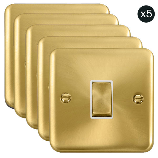 5 PACK - Curved Satin Brass 10AX Ingot 1 Gang 2 Way Light Switch - White Trim - SE Home