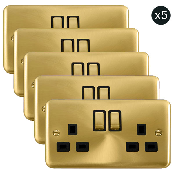 5 PACK - Curved Satin Brass 13A Ingot 2 Gang DP Switched Plug Socket - Black Trim - SE Home