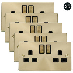5 PACK - Satin Brass 2 Gang 13A DP Ingot Twin Double Switched Plug Socket - Black Trim