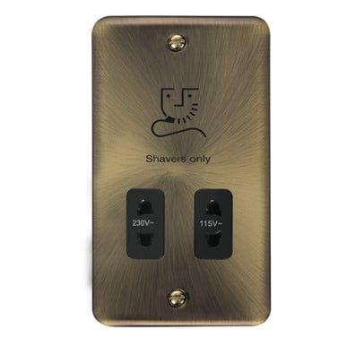 Curved Antique Brass 115/230V Dual Voltage Shaver Socket - Black Trim - SE Home