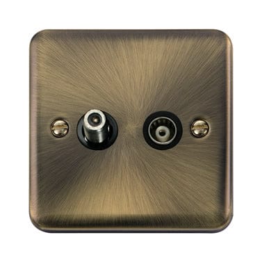 Curved Antique Brass Isolated Satellite & Isolated Coaxial Outlet - Black Trim - SE Home