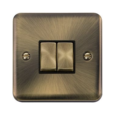 Curved Antique Brass 10AX Ingot 2 Gang 2 Way Light Switch - Black Trim - SE Home