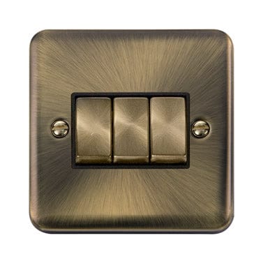 Curved Antique Brass 10AX Ingot 3 Gang 2 Way Light Switch - Black Trim - SE Home