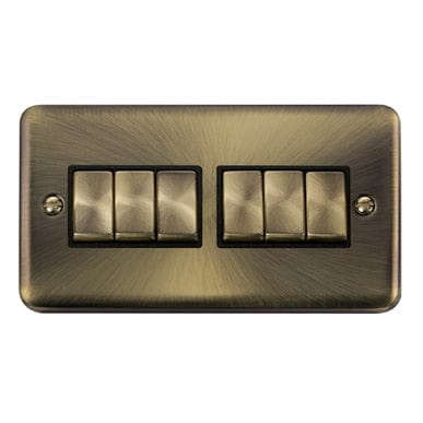 Curved Antique Brass 10AX Ingot 6 Gang 2 Way Light Switch - Black Trim - SE Home