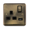 Curved Antique Brass 13A Ingot 1 Gang Switched Plug Socket With 2.1A USB Outlet - Black Trim - SE Home