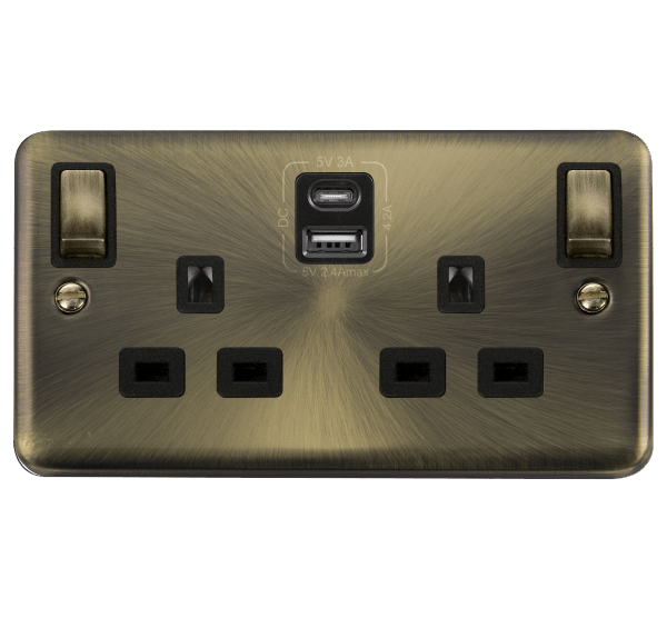 Curved Antique Brass 2 Gang 13A DP Ingot Type A & C USB Twin Double Switched Plug Socket - Black Trim - SE Home