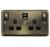 Curved Antique Brass 2 Gang 13A DP Ingot Type A & C USB Twin Double Switched Plug Socket - Black Trim - SE Home