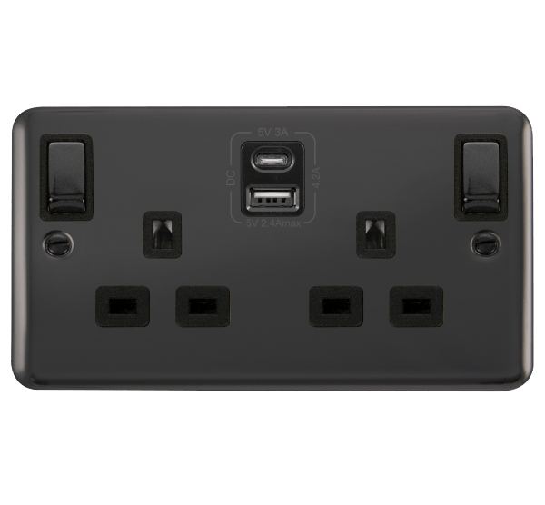 Curved Black Nickel 2 Gang 13A DP Ingot Type A & C USB Twin Double Switched Plug Socket - Black Trim - SE Home