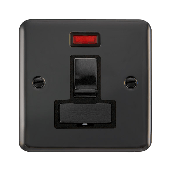Curved Black Nickel 13A Fused Ingot Connection Unit Switched With Neon - Black Trim - SE Home