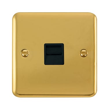 Curved Polished Brass Single Telephone Outlet - Secondary - Black Trim - SE Home