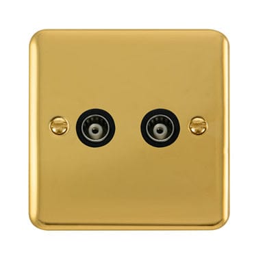Curved Polished Brass Twin Isolated Coaxial Outlet - Black Trim - SE Home