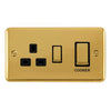 Curved Polished Brass 45A Ingot 2 Gang DP Switch With 13A DP Switched Socket - Black Trim - SE Home