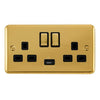 Curved Polished Brass 13A Ingot 2 Gang Switched Sockets With 2.1A USB Outlet (Twin Earth) - Black Trim - SE Home