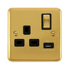 Curved Polished Brass 13A Ingot 1 Gang Switched Socket With 2.1A USB Outlet - Black Trim - SE Home
