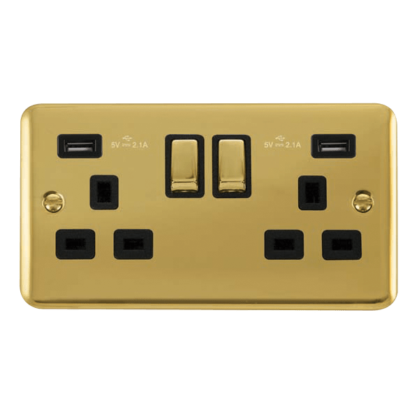 Curved Polished Brass 2 Gang 13A DP Ingot 2 USB Twin Double Switched Plug Socket - Black Trim - SE Home