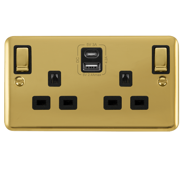 Curved Polished Brass 2 Gang 13A DP Ingot Type A & C USB Twin Double Switched Plug Socket - Black Trim - SE Home