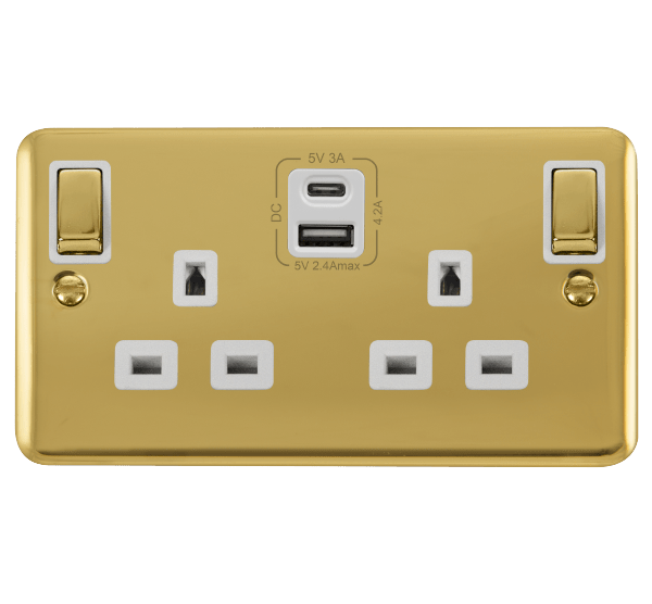 Curved Polished Brass 2 Gang 13A DP Ingot Type A & C USB Twin Double Switched Plug Socket - White Trim - SE Home