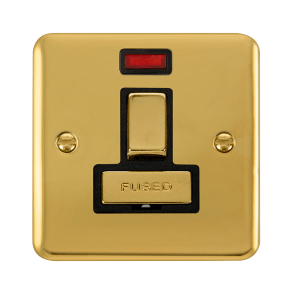 Curved Polished Brass 13A Fused Ingot Connection Unit Switched With Neon - Black Trim - SE Home