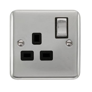 Curved Polished Chrome 13A Ingot 1 Gang DP Switched Socket - Black Trim - SE Home