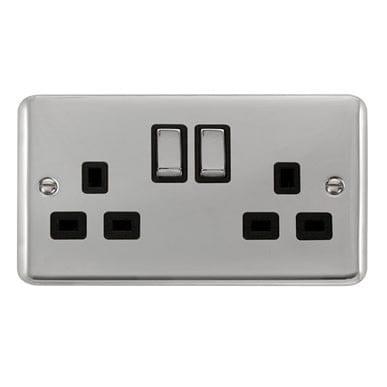 Curved Polished Chrome 13A Ingot 2 Gang DP Switched Socket - Black Trim - SE Home
