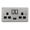 Curved Polished Chrome 13A Ingot 2 Gang Switched Sockets With 2.1A USB Outlet (Twin Earth) - Black Trim - SE Home