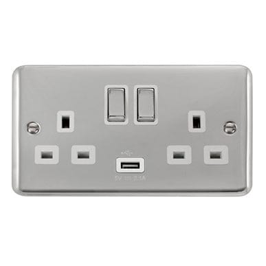 Curved Polished Chrome 13A Ingot 2 Gang Switched Sockets With 2.1A USB Outlet (Twin Earth) - White Trim - SE Home