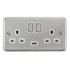 Curved Polished Chrome 13A Ingot 2 Gang Switched Sockets With 2.1A USB Outlet (Twin Earth) - White Trim - SE Home