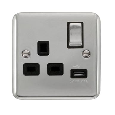 Curved Polished Chrome 13A Ingot 1 Gang Switched Socket With 2.1A USB Outlet - Black Trim - SE Home