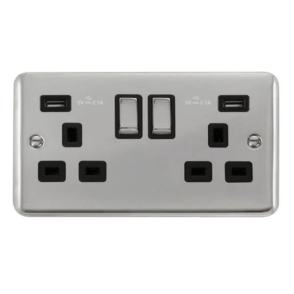 Curved Polished Chrome 2 Gang 13A DP Ingot 2 USB Twin Double Switched Plug Socket - Black Trim - SE Home