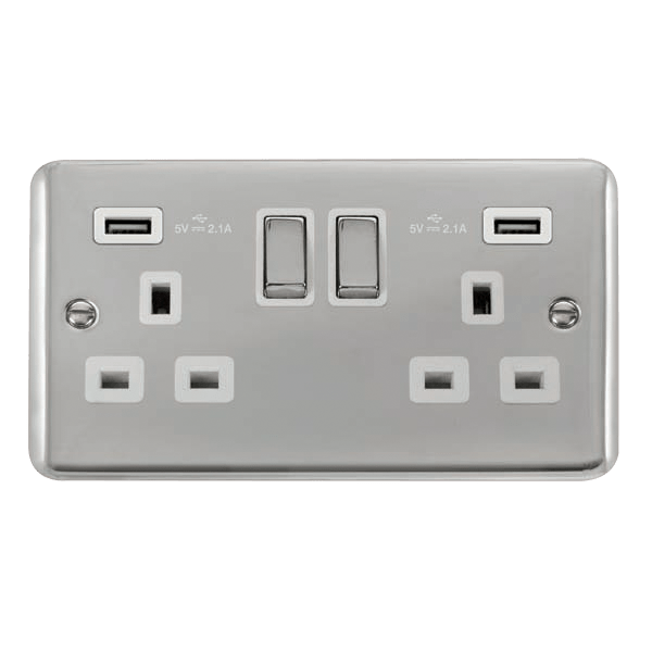 Curved Polished Chrome 2 Gang 13A DP Ingot 2 USB Twin Double Switched Plug Socket - White Trim - SE Home
