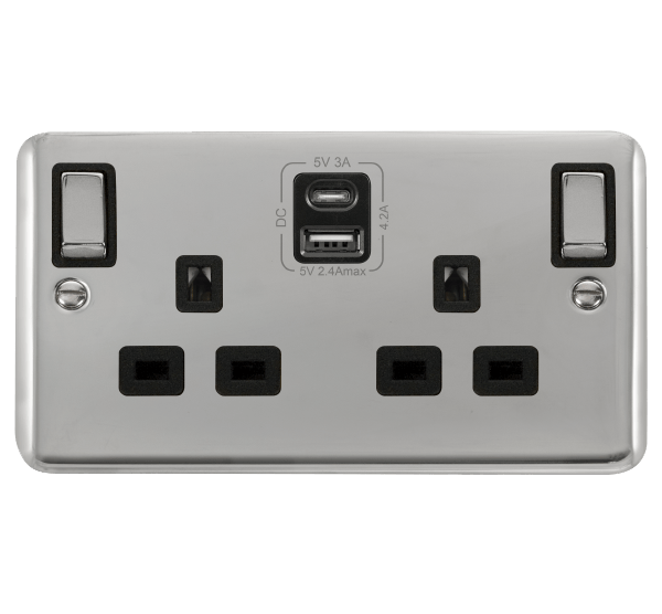 Curved Polished Chrome 2 Gang 13A DP Ingot Type A & C USB Twin Double Switched Plug Socket - Black Trim - SE Home