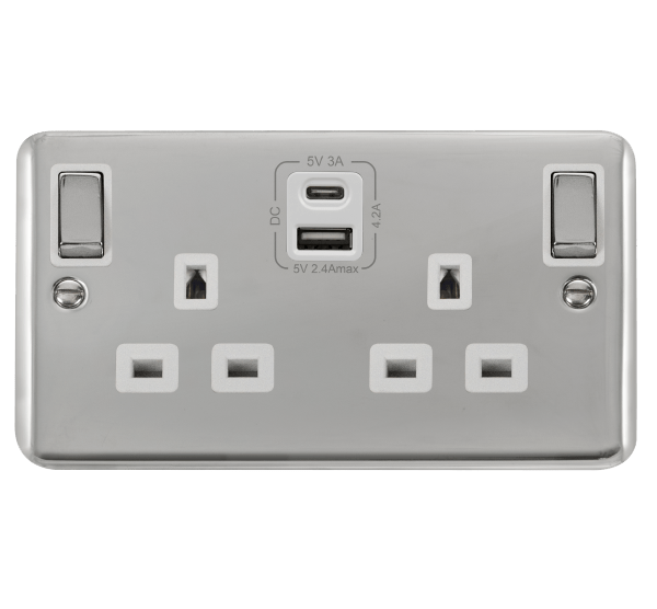 Curved Polished Chrome 2 Gang 13A DP Ingot Type A & C USB Twin Double Switched Plug Socket - White Trim - SE Home
