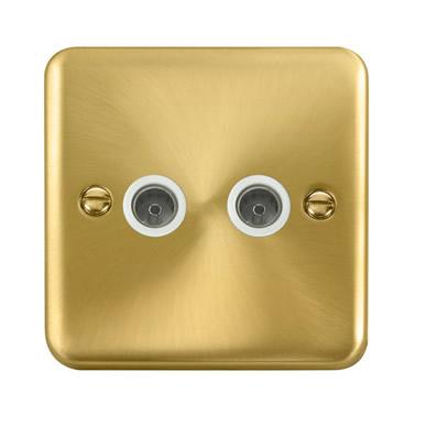 Curved Satin Brass Twin Coaxial Outlet - White Trim - SE Home