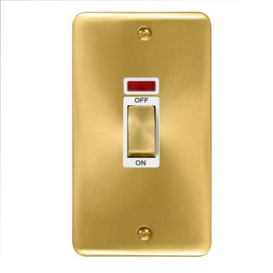 Curved Satin Brass 45A Ingot 2 Gang DP Switch With Neon - White Trim - SE Home