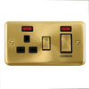 Curved Satin Brass 45A Ingot 2 Gang DP Cooker Switch With 13A DP Switched Plug Socket & Neons - Black Trim - SE Home