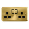 Curved Satin Brass 13A Ingot 2 Gang DP Switched Plug Socket - Black Trim - SE Home