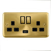 Curved Satin Brass 13A Ingot 2 Gang Switched Plug Socket With 2.1A USB Outlet (Twin Earth) - Black Trim - SE Home