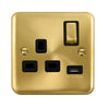 Curved Satin Brass 13A Ingot 1 Gang Switched Plug Socket With 2.1A USB Outlet - Black Trim - SE Home