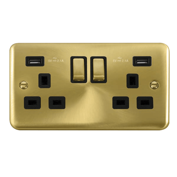 Curved Satin Brass 2 Gang 13A DP Ingot 2 USB Twin Double Switched Plug Socket - Black Trim - SE Home