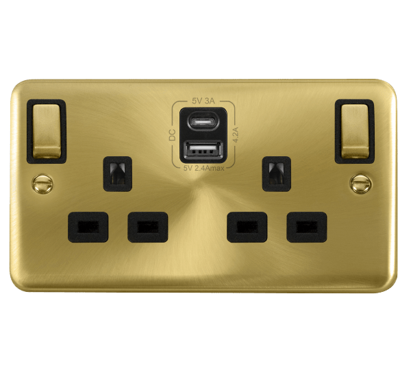 Curved Satin Brass 2 Gang 13A DP Ingot Type A & C USB Twin Double Switched Plug Socket - Black Trim - SE Home