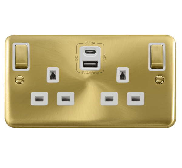 Curved Satin Brass 2 Gang 13A DP Ingot Type A & C USB Twin Double Switched Plug Socket - White Trim - SE Home
