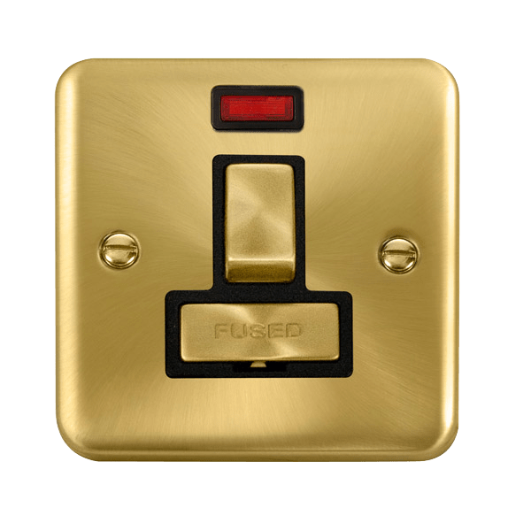 Curved Satin Brass 13A Fused Ingot Connection Unit Switched With Neon - Black Trim - SE Home