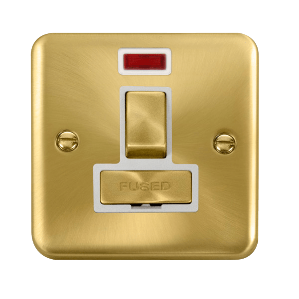 Curved Satin Brass 13A Fused Ingot Connection Unit Switched With Neon - White Trim - SE Home