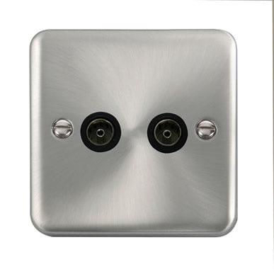 Curved Satin Chrome Twin Coaxial Outlet - Black Trim - SE Home